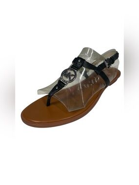 Michael Kors Sondra Black Leather Sandals Womens 8 1/2 Black & Silver Slingback